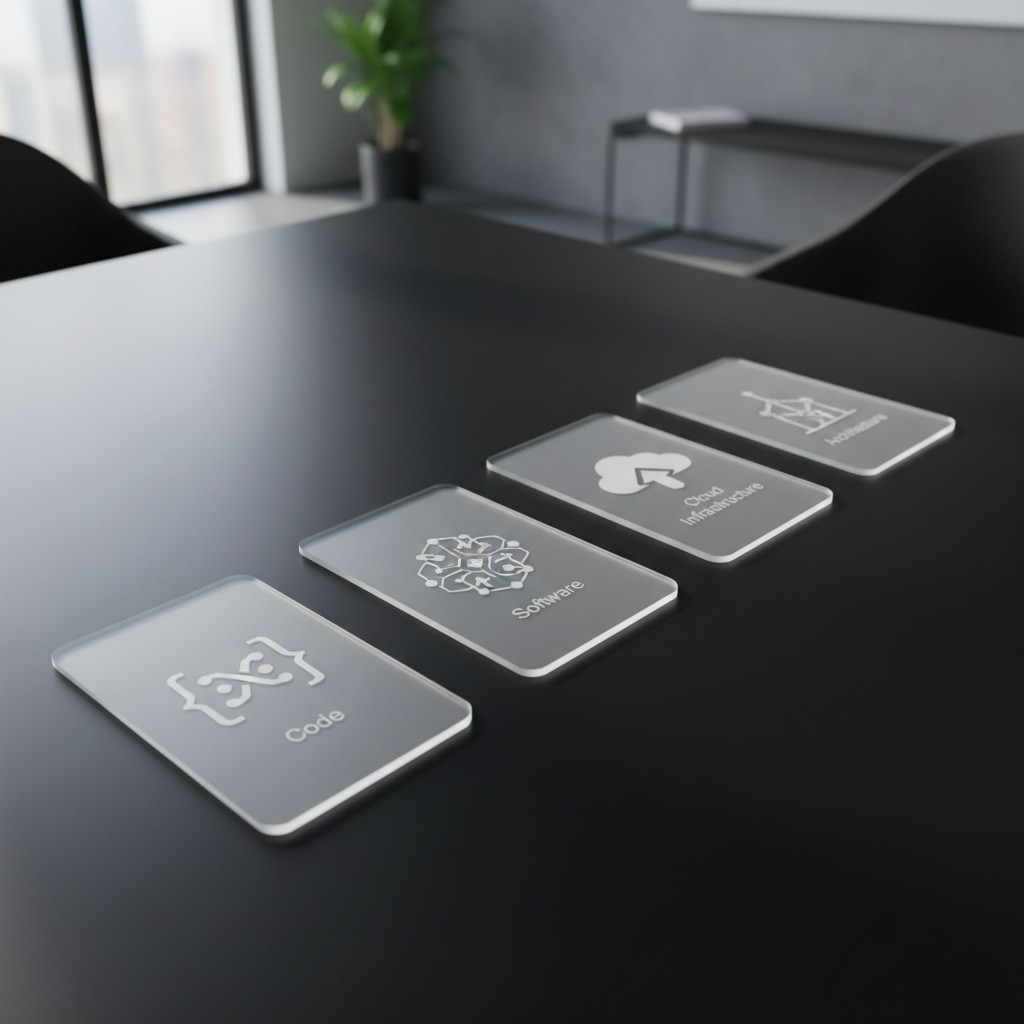 The alt text for the image is: "Various business and software development-related terms on clear rectangular cards."