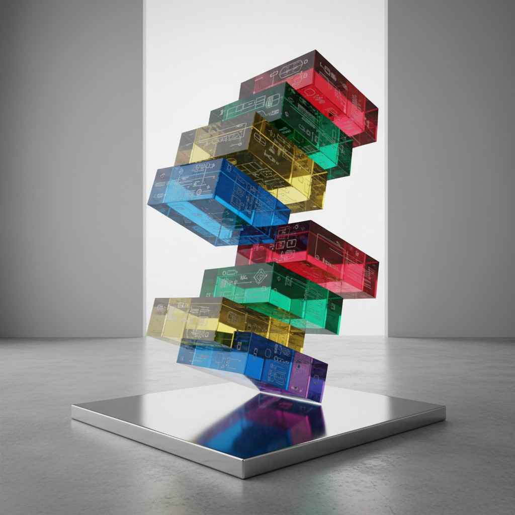 Transparent isometric prism sculpture on a mirrored platform.