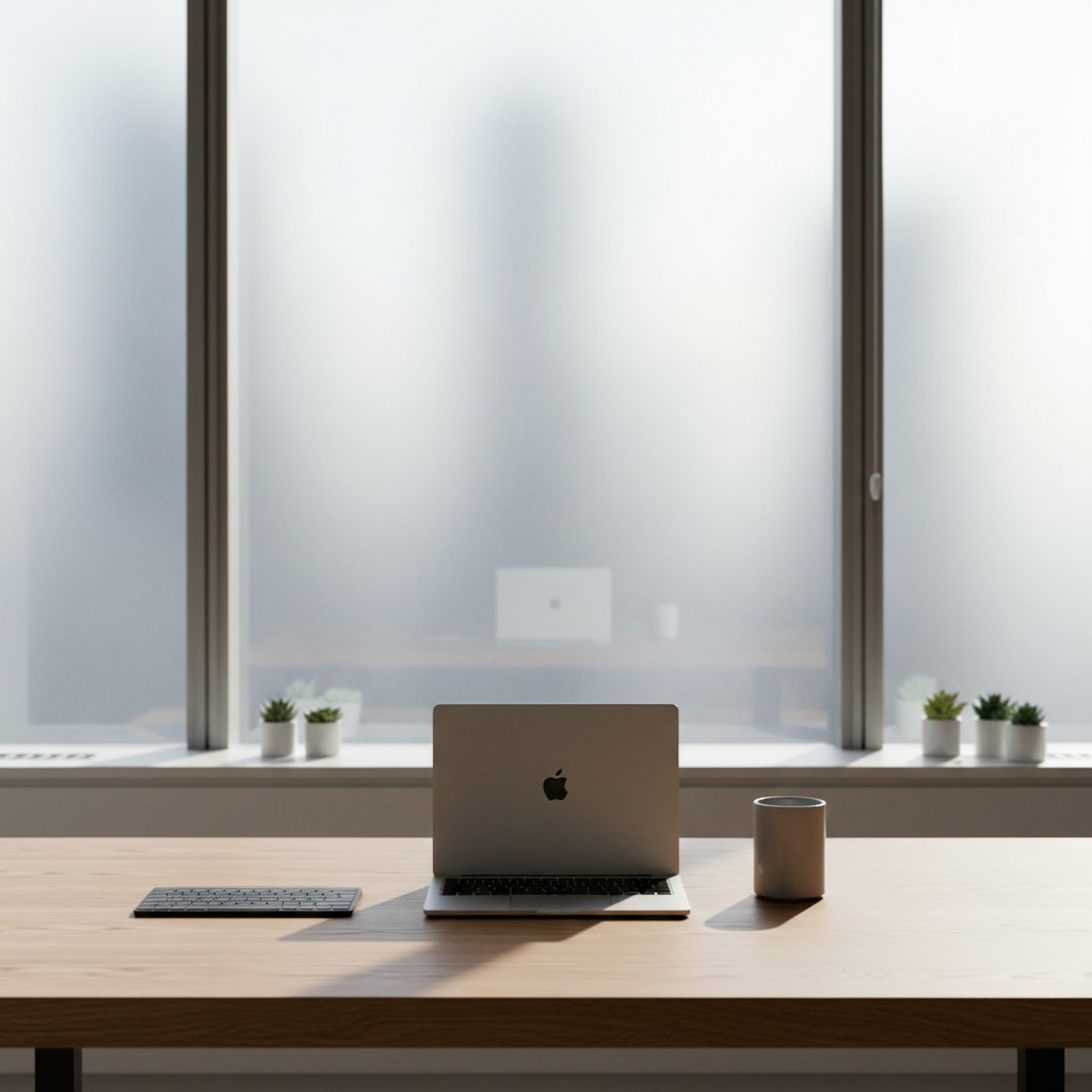 Photo of a minimal workspace with a laptop, cup, and keyboard on a desk in front of a frosted window.