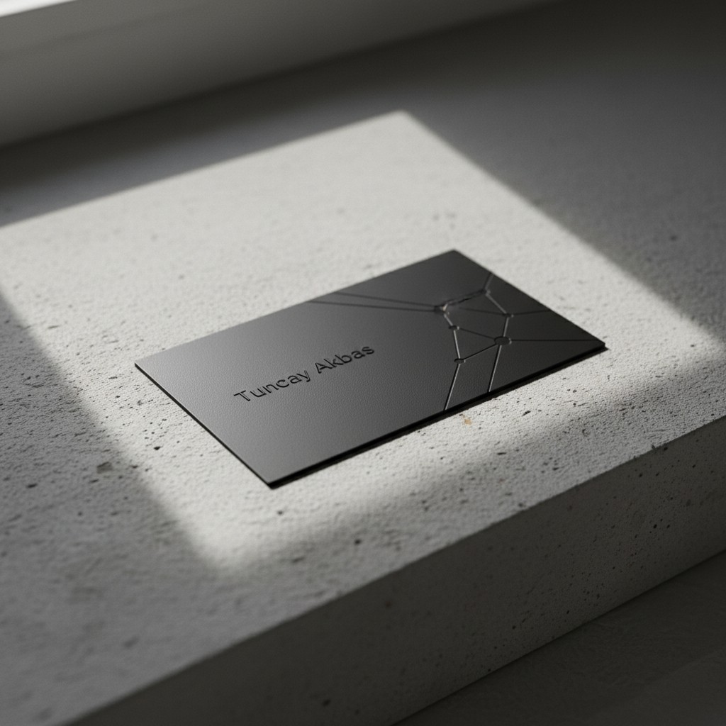 The business card sits on a square of white concrete.